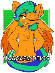 Size: 1673x2189 | Tagged: safe, artist:bbsartboutique, oc, oc only, oc:naarkerotics, pegasus, pony, badge, belly button, con badge