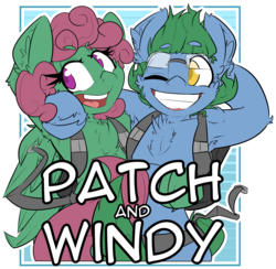Size: 1759x1720 | Tagged: safe, artist:bbsartboutique, oc, oc only, oc:software patch, oc:windcatcher, armpits, badge, biologically justified underarm fluff, con badge
