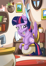 Size: 955x1351 | Tagged: safe, artist:mysticalpha, twilight sparkle, alicorn, pony, g4, bathroom, book, bookshelf, but why, faucet, female, glowing cutie mark, implied pooping, inconvenient, mare, potty time, sitting on toilet, solo, toilet, twilight sparkle (alicorn)