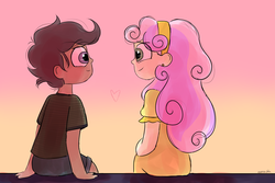 Size: 3000x2000 | Tagged: safe, artist:eereekuhh, scootaloo, sweetie belle, human, g4, duo, female, high res, humanized, lesbian, looking at each other, profile, ship:scootabelle, shipping, sitting, smiling
