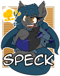 Size: 1639x2069 | Tagged: safe, artist:bbsartboutique, oc, oc only, oc:speck, bat pony, badge, con badge, nuclear weapon, solo, weapon