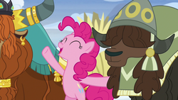 Size: 1280x720 | Tagged: safe, screencap, pinkie pie, prince rutherford, pony, yak, g4, not asking for trouble, ^^, bipedal, eyes closed, female, mare, open mouth, snow, unnamed character, unnamed yak