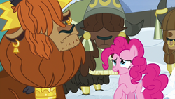 Size: 1280x720 | Tagged: safe, screencap, pinkie pie, prince rutherford, pony, yak, g4, not asking for trouble, snow, unnamed character, unnamed yak