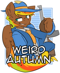 Size: 1782x2152 | Tagged: safe, artist:bbsartboutique, oc, oc only, oc:weird autumn, oc:whispering wind, badge, con badge, gun, tommy gun, weapon