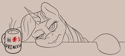 Size: 4773x2150 | Tagged: safe, artist:nudeknightart, twilight sparkle, alicorn, pony, g4, coffee, coffee mug, female, lineart, monochrome, mug, solo, tired, twilight sparkle (alicorn)