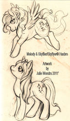 Size: 683x1186 | Tagged: safe, artist:blackfrost, melody, skyflier, pegasus, pony, unicorn, g1, race swap, sketch, traditional art