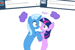 Size: 1048x691 | Tagged: safe, artist:navitaserussirus, trixie, twilight sparkle, genie, pony, asktwixiegenies, g4, ask, cropped, female, lesbian, ship:twixie, shipping, simple background, tumblr, white background