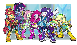 Size: 1550x900 | Tagged: safe, artist:rvceric, applejack, fluttershy, pinkie pie, rainbow dash, rarity, sci-twi, sunset shimmer, twilight sparkle, equestria girls, equestria girls series, g4, super squad goals, :<, boots, clothes, crystal guardian, dress, goggles, high heel boots, humane seven, nail polish, open mouth, ponied up, scene interpretation, shoes, skirt, smiling, super ponied up, visor