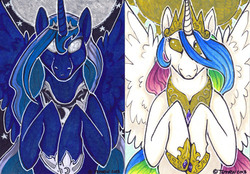 Size: 500x347 | Tagged: safe, artist:temrin, princess celestia, princess luna, alicorn, pony, g4, simple background