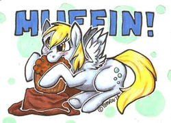 Size: 400x288 | Tagged: safe, artist:temrin, derpy hooves, pegasus, pony, g4, female, food, muffin, solo, traditional art