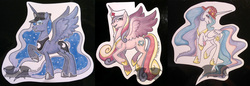 Size: 1200x415 | Tagged: safe, artist:temrin, princess cadance, princess celestia, princess luna, g4, grin, smiling, traditional art