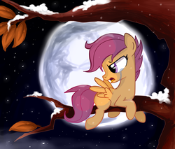 Size: 2000x1700 | Tagged: safe, artist:mirtash, scootaloo, rcf community, g4, crying, female, full moon, moon, sad, scootaloo can't fly, scootasad, snow, solo, tree, tree branch