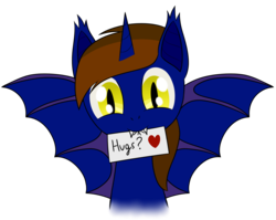 Size: 1366x1085 | Tagged: safe, artist:cloudy95, oc, oc only, oc:moon flight, alicorn, bat pony, bat pony alicorn, pony, hug request, male, mouth hold, note, simple background, solo, spread wings, stallion, transparent background, wings