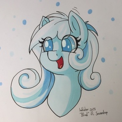 Size: 1280x1278 | Tagged: safe, artist:sugaryviolet, oc, oc only, oc:snowdrop, pony, bust, cute, female, filly, inktober, inktober 2017, open mouth, smiling, solo, traditional art