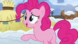 Size: 1280x720 | Tagged: safe, screencap, pinkie pie, earth pony, pony, g4, not asking for trouble, female, mare, raised eyebrow, snow, solo