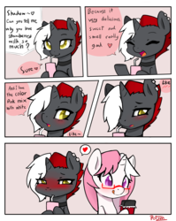 Size: 4300x5400 | Tagged: safe, artist:potzm, oc, oc only, oc:lawyresearch, oc:lawyshadow, pony, unicorn, absurd resolution, blushing, chocolate, choker, colored pupils, comic, cute, drinking, ear piercing, earring, eyes closed, female, food, happy, heart, hoof hold, jewelry, mare, ocbetes, piercing, shipping, straw