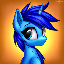 Size: 3000x3000 | Tagged: safe, artist:setharu, oc, oc only, oc:windows 8, pony, unicorn, g4, bust, ear fluff, female, gradient background, heterochromia, high res, looking back, mare, portrait, signature, smiling, solo, three quarter view