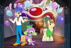 Size: 1000x684 | Tagged: safe, artist:pixelkitties, donut joe, flash sentry, spike, spike the regular dog, dog, pony, unicorn, equestria girls, g4, clown, fred jones, halloween, holiday, male, parody, paws, pixelkitties' brilliant autograph media artwork, scooby-doo!, shaggy rogers, stallion, vincent tong