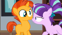 Size: 1280x720 | Tagged: safe, screencap, starlight glimmer, sunburst, pony, g4, uncommon bond, age regression, colt, colt sunburst, cute, female, filly, filly starlight glimmer, frown, lidded eyes, male, out of context, smiling, stranger danger, surprised, younger