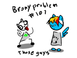 Size: 754x569 | Tagged: safe, artist:saphire systrine, rainbow dash, pegasus, anthro, g4, 4chan, brony problems, brony stereotype, duo, fan, fanboy, meme