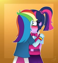 Size: 859x930 | Tagged: safe, artist:sweetpieee, rainbow dash, sci-twi, twilight sparkle, equestria girls, g4, blushing, female, kissing, lesbian, ship:sci-twidash, ship:twidash, shipping