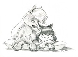 Size: 1400x1021 | Tagged: safe, artist:baron engel, apple bloom, applejack, earth pony, pony, g4, bow, female, filly, freckles, grayscale, hair bow, hatless, mare, missing accessory, monochrome, pencil drawing, pillow, prone, simple background, sketch, story included, traditional art, white background