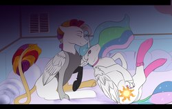 Size: 1960x1240 | Tagged: artist needed, source needed, safe, princess celestia, oc, oc:myrilith, alicorn, draconequus, pony, g4, canon x oc, celith, clothes, duo, socks