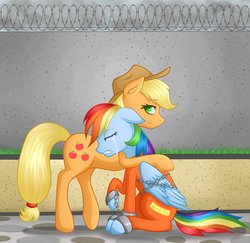 Size: 1903x1848 | Tagged: safe, artist:feaniethemeanie, applejack, rainbow dash, earth pony, pegasus, pony, g4, b-f16, chains, clothes, comforting, commission, commissioner:rainbowdash69, cowboy hat, crying, eyes closed, freckles, friends, hat, hug, prison outfit, prisoner rd, sad, stetson