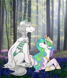 Size: 620x720 | Tagged: safe, princess celestia, oc, oc:light knight, alicorn, pegasus, pony, g4, canon x oc, duo, female, forest, lightestia, male, straight