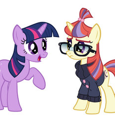 Size: 862x927 | Tagged: safe, artist:n238900, moondancer, twilight sparkle, g4, aftermath, character to character, frown, glasses, looking at each other, moondancer's sweater, transformation, transformation sequence, transformed
