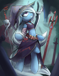 Size: 2550x3300 | Tagged: safe, artist:blvckmagic, trixie, unicorn, semi-anthro, g4, alicorn amulet, belly button, bipedal, clothes, ear piercing, female, grin, hat, high res, horn, horn piercing, long mane, looking up, mare, midriff, piercing, potion, smiling, solo, sword, underhoof, weapon
