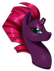 Size: 705x925 | Tagged: safe, artist:beanbunn, fizzlepop berrytwist, tempest shadow, pony, unicorn, g4, my little pony: the movie, broken horn, bust, eye scar, female, frown, horn, looking at you, portrait, profile, scar, side view, signature, simple background, solo, transparent background