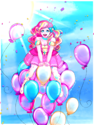 Size: 1536x2048 | Tagged: safe, artist:yinichigo, pinkie pie, human, g4, balloon, breasts, cleavage, clothes, female, humanized, looking at you, smiling, solo