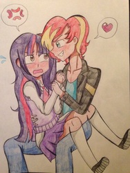 Size: 2448x3264 | Tagged: safe, artist:rainicornarts, sunset shimmer, twilight sparkle, human, equestria girls, g4, blushing, clothes, duo, equestria guys, female, half r63 shipping, heart, high res, humanized, long hair, looking at each other, male, open mouth, rule 63, ship:sunsetsparkle, ship:twiglare, shipping, sitting on lap, skirt, smiling, straight, sunset glare, traditional art