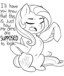 Size: 500x595 | Tagged: safe, artist:evehly, fluttershy, pegasus, pony, awkward, belly button, binary, blatant lies, broken anatomy, chest fluff, dialogue, english, explicit source, eyes closed, female, fluffy, grayscale, lineart, mare, monochrome, open mouth, self deprecation, sidemouth, simple background, sitting, sketch, solo, white background