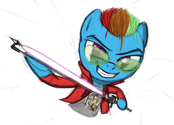 Size: 2337x1684 | Tagged: safe, artist:heartlyrosalie, rainbow dash, g4, alternate hairstyle, clothes, cosplay, costume, glasses, grin, no more heroes, simple background, smiling, travis touchdown, white background