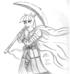 Size: 2158x2295 | Tagged: safe, artist:mane-shaker, maud pie, earth pony, anthro, g4, armor, cape, clothes, gloves, high res, monochrome, pickaxe, traditional art