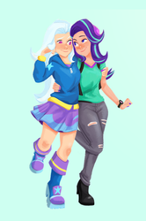 Size: 653x981 | Tagged: safe, artist:neurotic-hamster, starlight glimmer, trixie, equestria girls, g4, arm behind back, beanie, blushing, clothes, duo, female, hat, hoodie, lesbian, looking at each other, ship:startrix, shipping, side hug, simple background, skirt, smiling
