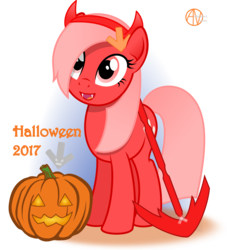 Size: 1904x2098 | Tagged: safe, alternate version, artist:arifproject, oc, oc only, oc:downvote, pony, derpibooru, g4, cute, derpibooru ponified, devil horns, downvote's downvotes, halloween, halloween costume, holiday, jack-o-lantern, meta, ponified, pumpkin, simple background, smiling, solo, spear, transparent background, vector, weapon