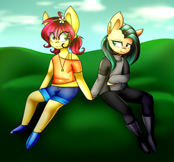 Size: 2155x2000 | Tagged: safe, artist:despotshy, oc, oc only, oc:lil happiness, oc:lil sadness, earth pony, anthro, plantigrade anthro, clothes, digital art, duo, female, high res, mare, not shipping, sisters, sitting