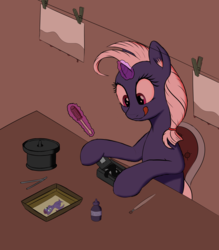 Size: 3500x4000 | Tagged: safe, artist:stink111, love sketch, pony, unicorn, g4, once upon a zeppelin, brush, camera, darkroom, glowing horn, horn, picture, red room, reel, screwdriver, solo, tweezers