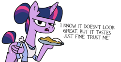 Size: 2048x1058 | Tagged: safe, artist:moonatik, derpibooru exclusive, twilight sparkle, alicorn, pony, g4, alternate hairstyle, apron, clothes, cream, dialogue, female, food, hair bun, hoof hold, looking at you, mare, open mouth, pancakes, plate, simple background, solo, tail bun, talking, talking to viewer, transparent background, twilight sparkle (alicorn)