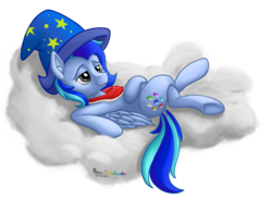 Size: 2000x1463 | Tagged: safe, artist:prismawatercolor, oc, oc only, oc:scratchie, pegasus, pony, bandana, cloud, commission, crossed legs, hat, lying down, male, on back, relaxing, solo, stallion, wings