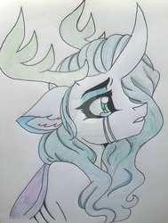 Size: 1024x1357 | Tagged: safe, artist:evergreen-gemdust, queen chrysalis, changedling, g4, bust, crying, female, portrait, purified chrysalis, solo, traditional art, watermark