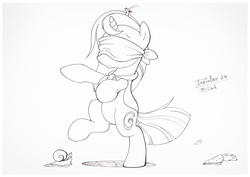 Size: 1073x759 | Tagged: safe, artist:sherwoodwhisper, oc, oc only, oc:eri, mouse, pony, snail, unicorn, bipedal, blindfold, cape, carrot, clothes, female, filly, food, monochrome, solo, traditional art, walking