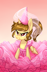 Size: 3300x5100 | Tagged: safe, artist:starshinebeast, oc, oc only, oc:katya ironstead, alicorn, pony, angry, clothes, cute, dress, female, grumpy, grumpy cat, hat, ponytail, red eyes, solo