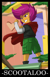 Size: 4501x6856 | Tagged: safe, artist:shonuff44, scootaloo, human, g4, absurd resolution, athletic, boots, cape, cargo shorts, clothes, clubhouse, confident, confident as shit, crusaders clubhouse, determined, female, grin, humanized, pony coloring, rosie the riveter, shirt, shoes, shorts, smiling, solo, t-shirt, tomboy, we can do it!