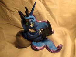 Size: 4608x3456 | Tagged: safe, artist:earthenpony, princess luna, pony, gamer luna, g4, computer, craft, female, headphones, high res, laptop computer, photo, sculpture, solo, traditional art