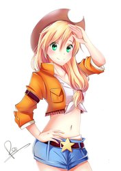 Size: 1024x1448 | Tagged: safe, artist:kimikirakiro, applejack, human, g4, anime, belly button, blushing, clothes, cowboy hat, female, front knot midriff, hand on hip, hat, humanized, looking at you, midriff, no more ponies at source, shorts, signature, simple background, smiling, solo, stetson, white background