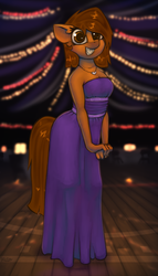 Size: 1249x2182 | Tagged: safe, artist:marsminer, oc, oc only, oc:venus spring, anthro, braces, clothes, cute, dress, female, jewelry, necklace, prom, smiling, solo, strapless, venus spring actually having a pretty good time